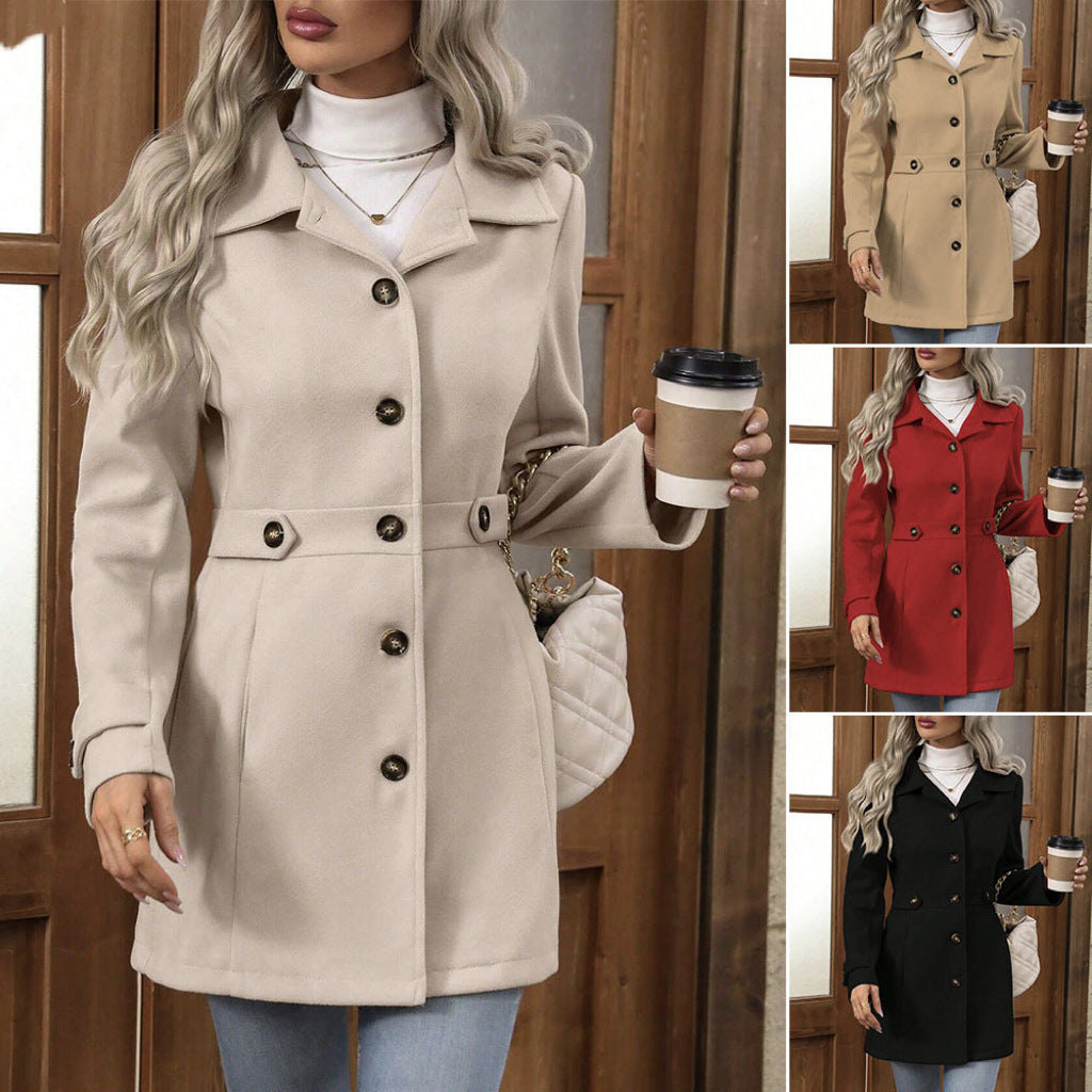 Elegant Single-breasted Woolen Coat Buttons Lapel Mid-length Jacket
